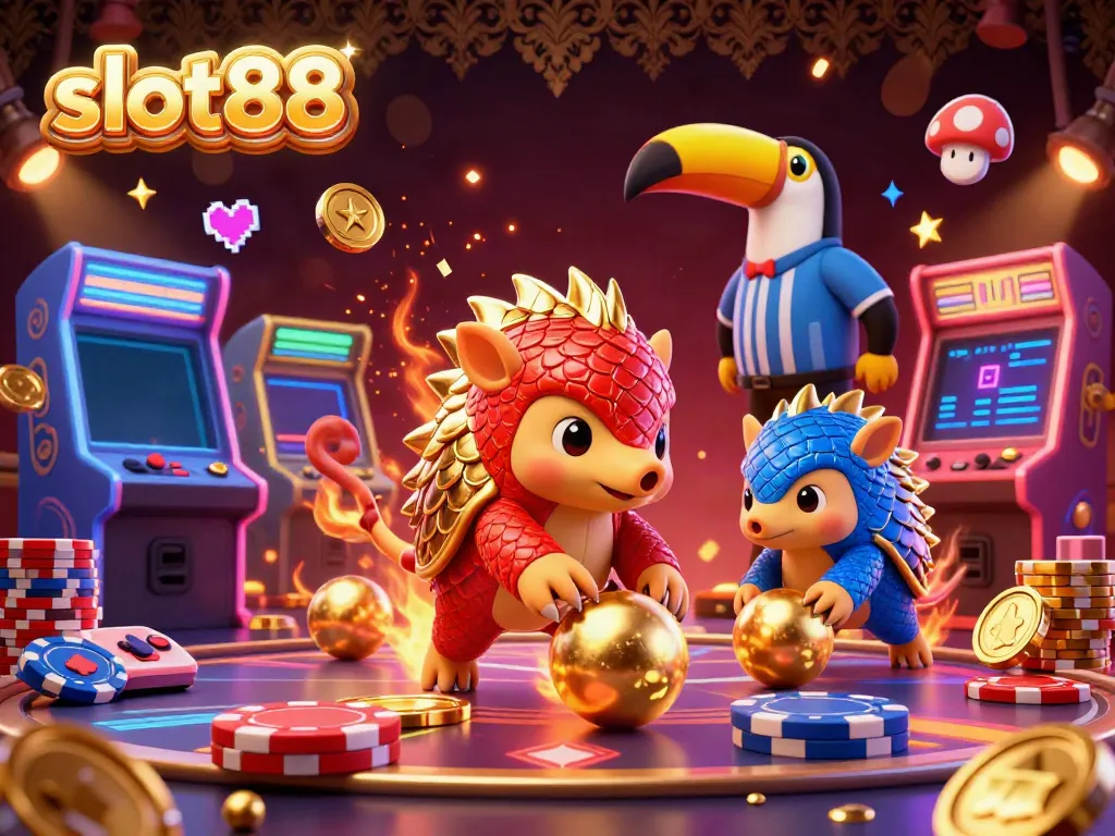 Engage with thrilling slot88 action as vibrant pangolins bowl through poker chips in a colorful casino scene.