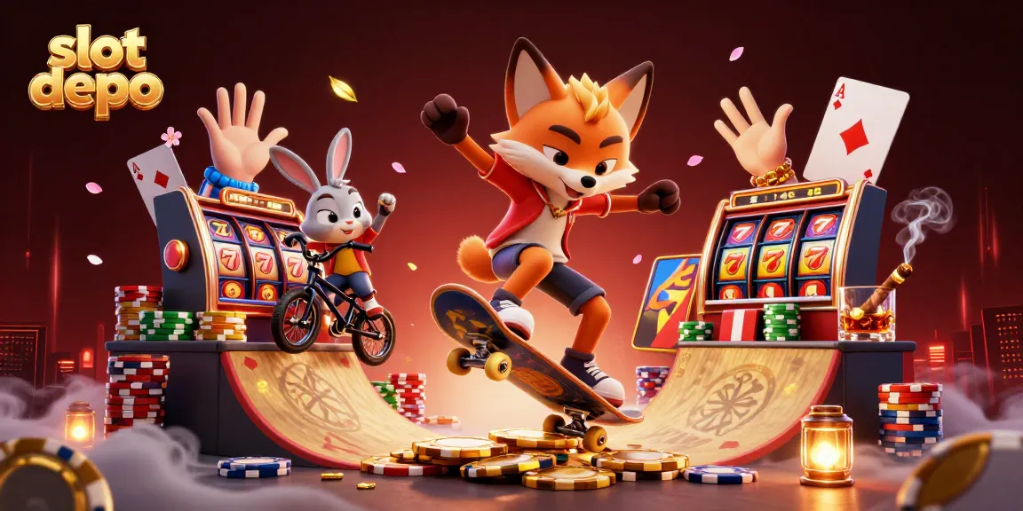 Slot depo yang menarik dengan fox dan kelinci bermain di kasino.