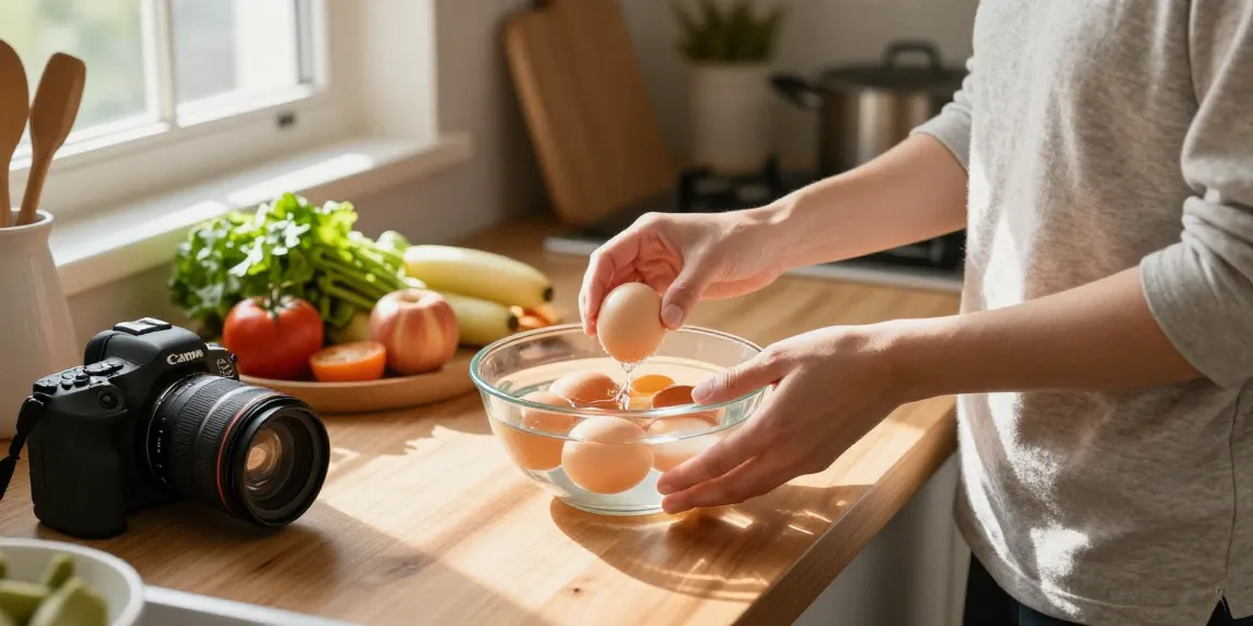 Menunjukkan metode Egg Float Test dengan telur dalam air di https://www.eggfloattest.com/contact, menyoroti kesegaran bahan makanan.