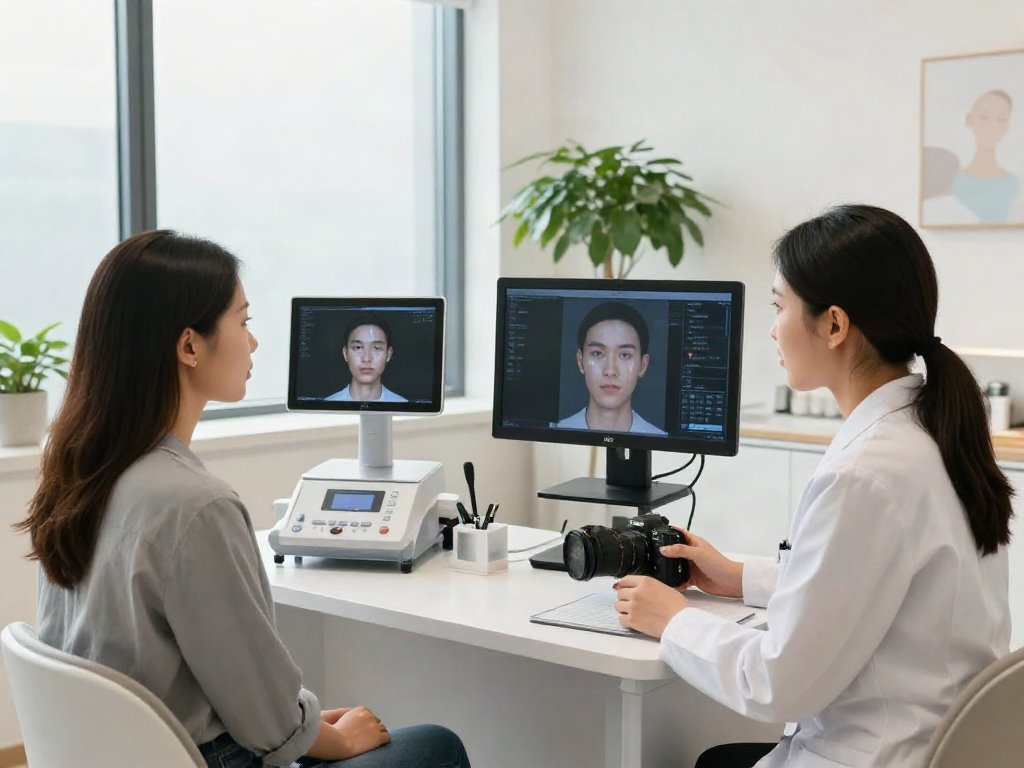 ClinicEvo better than QOVES: Beauty consultation scene showcasing advanced facial analysis technology and personalized care.