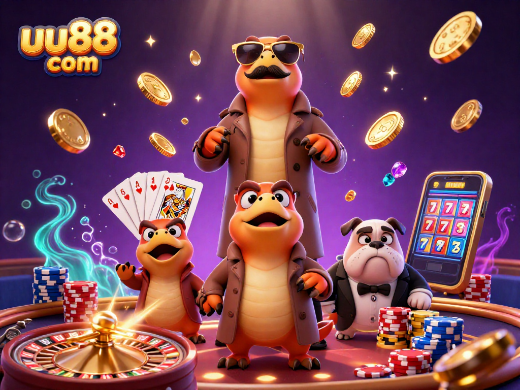 Engage with the dynamic scene at uu88 com featuring raptors in a casino setting, with coins and game elements all around.