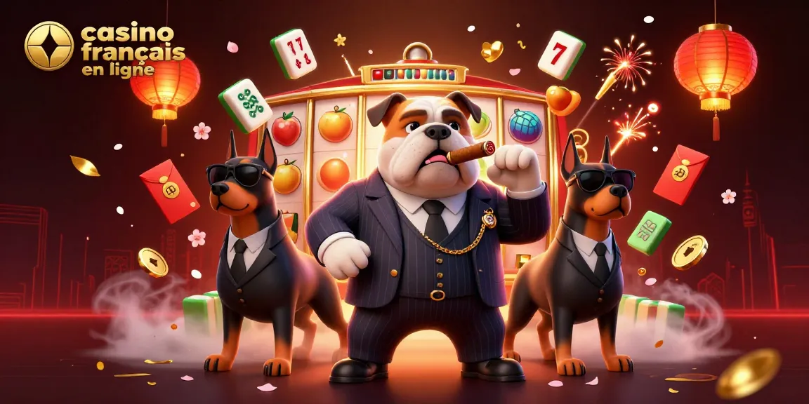 Jouez au casino français en ligne avec un bouledogue mafieux, entouré d'agents, de machines à sous et de richesses.