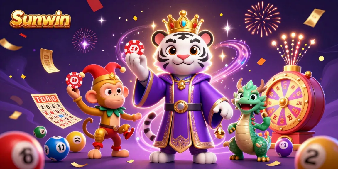 Experience the thrill of winning at Sunwin with vibrant lottery elements and engaging characters.