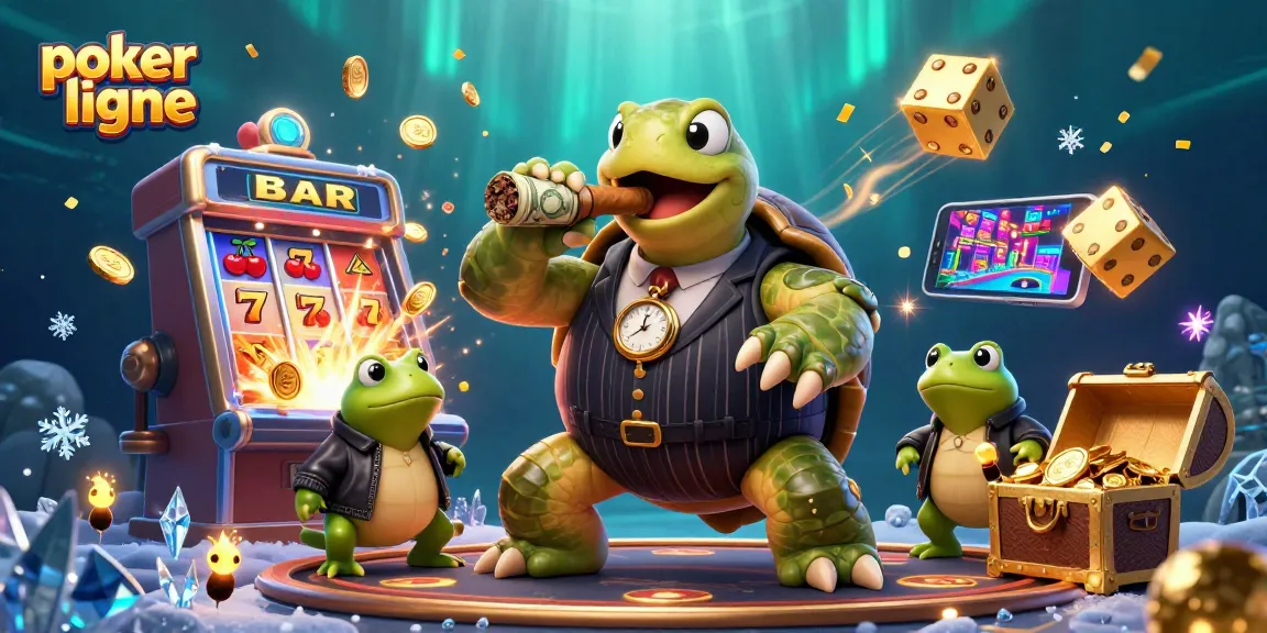 Plongez dans le monde du poker en ligne avec cette scène dynamique pleine de personnages colorés et d'éléments de jeu.