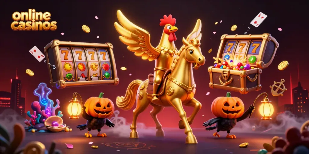 Experience thrilling online casinos with vibrant 3D golden rooster and spectral casino elements.