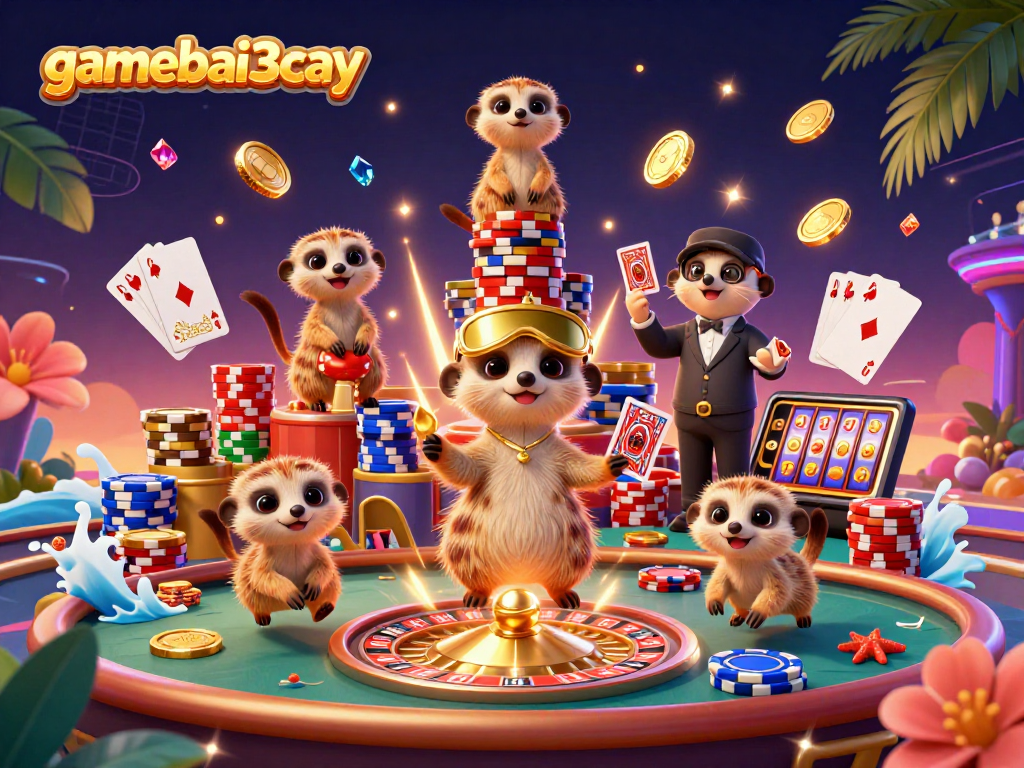 Win big at gamebai3cay with engaging meerkat casino illustration showcasing lively operations.