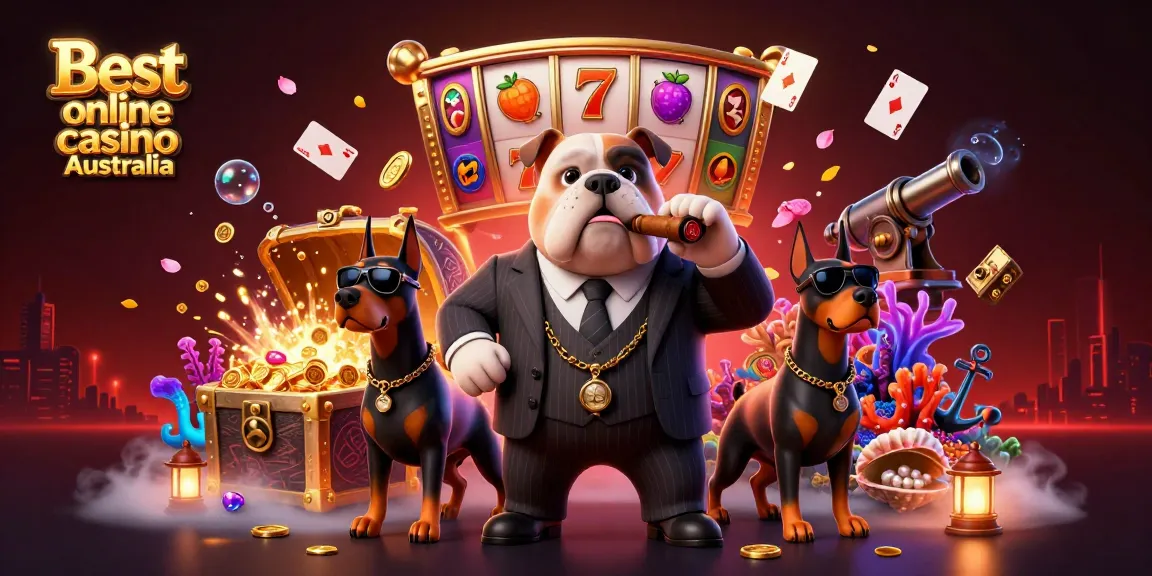 Best online casino Australia showcasing a mafia dog and Dobermans amidst vibrant slot game elements.