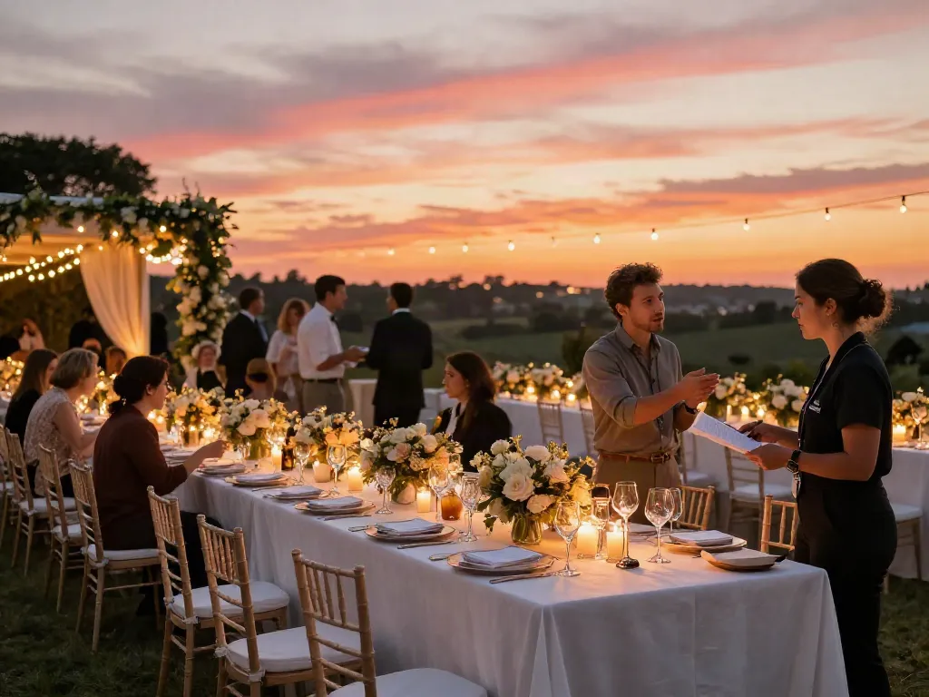 Event rentals at an elegant wedding with exquisite decor and sunset ambiance.