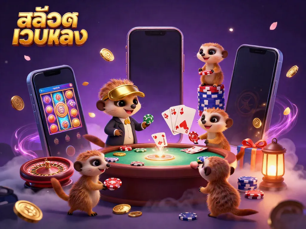 Engaging scene of meerkats running a vibrant casino, showcasing สล็อตเว็บตรง gaming excitement with slots and poker.