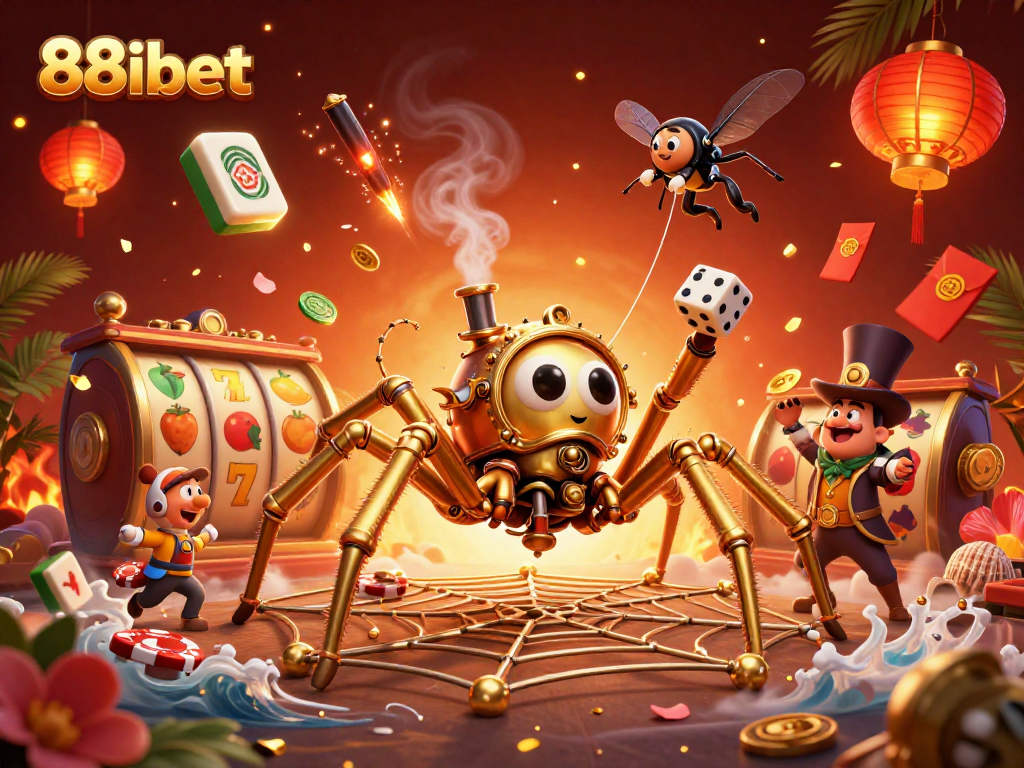 Catch the thrill of 88ibet with this vibrant 3D illustration featuring a steampunk spider crafting golden webs.