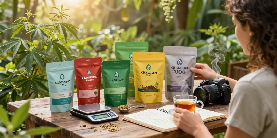 Exploring the best kratom brands in 2026 with vibrant packaging and fresh kratom plants.