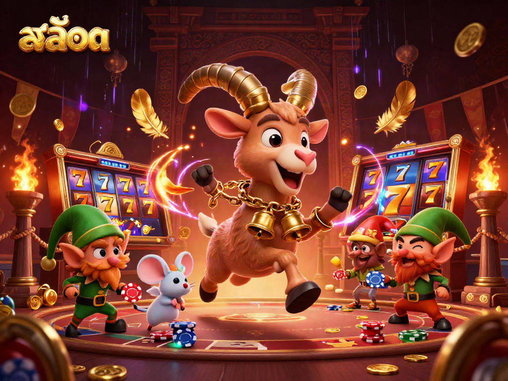 Engage in thrilling สล็อต action with a 3D cartoon Krampus goat amidst festive chaos in a casino.