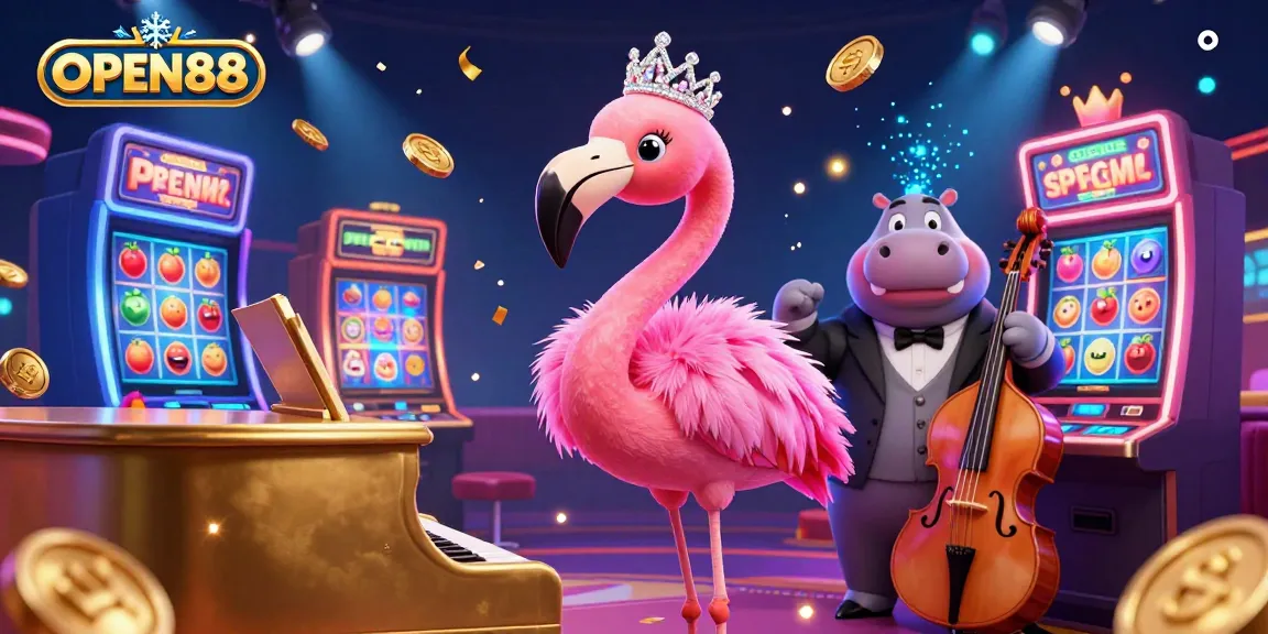Engage with the vibrant OPEN88 casino world featuring a singing flamingo and hippo bassist surrounded by slot machines.