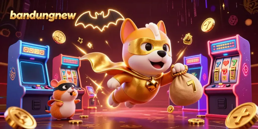bandungnew highlights a 3D heroic dog and sidekick in a vibrant casino environment, celebrating wins with gaming elements