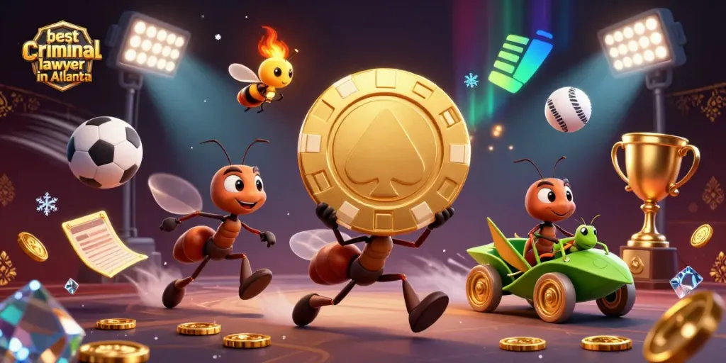 An engaging 3D scene depicting a team of ants carrying a giant poker chip while showcasing the best criminal lawyer in Atlanta in a dynamic gambling environment with sports elements.