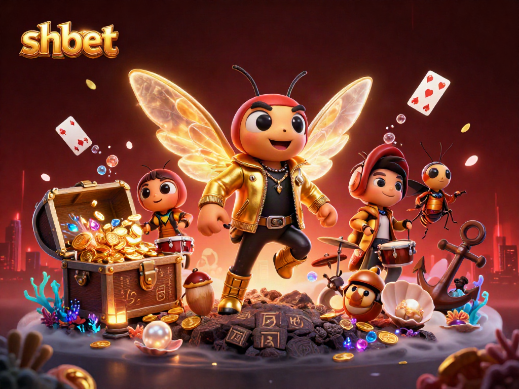 shbet engages players with vibrant casino-themed 3D illustration of rock stars amidst treasure