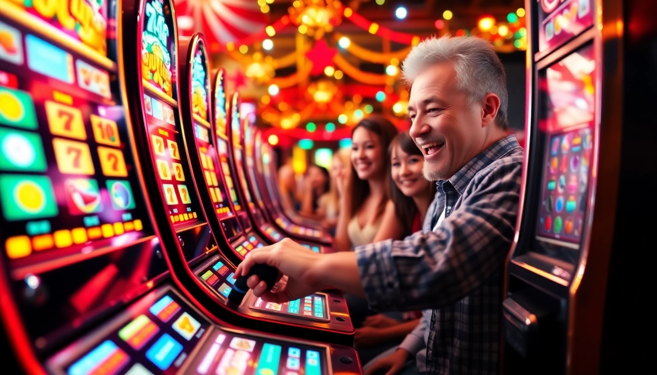 Engage in thrilling slot gambling with vibrant slot machines and excited players in a lively casino.