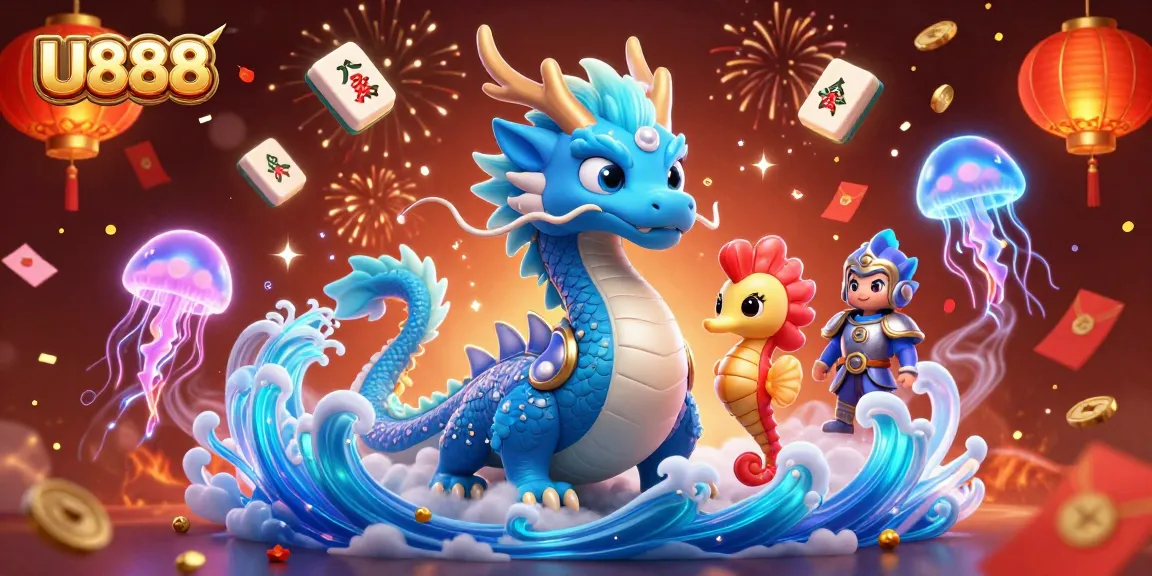 Engage with U888's thrilling casino adventures featuring a vibrant water dragon and sea-themed elements.