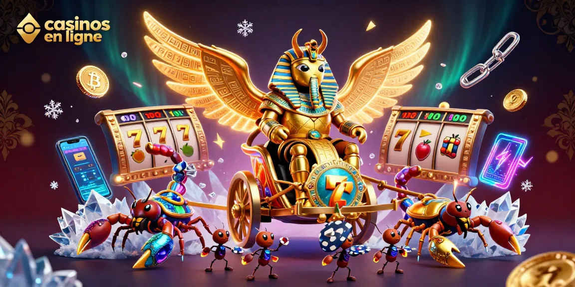 Jouez dans les casinos en ligne avec des personnages de jeu illustrés et des éléments de jackpot captivants.
