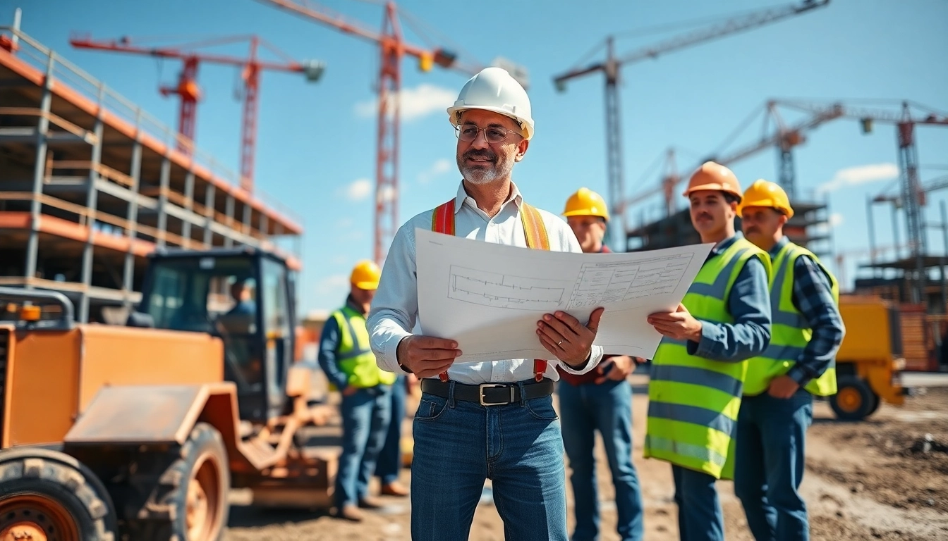 New Jersey General Contractor overseeing site activities with workers using machinery.