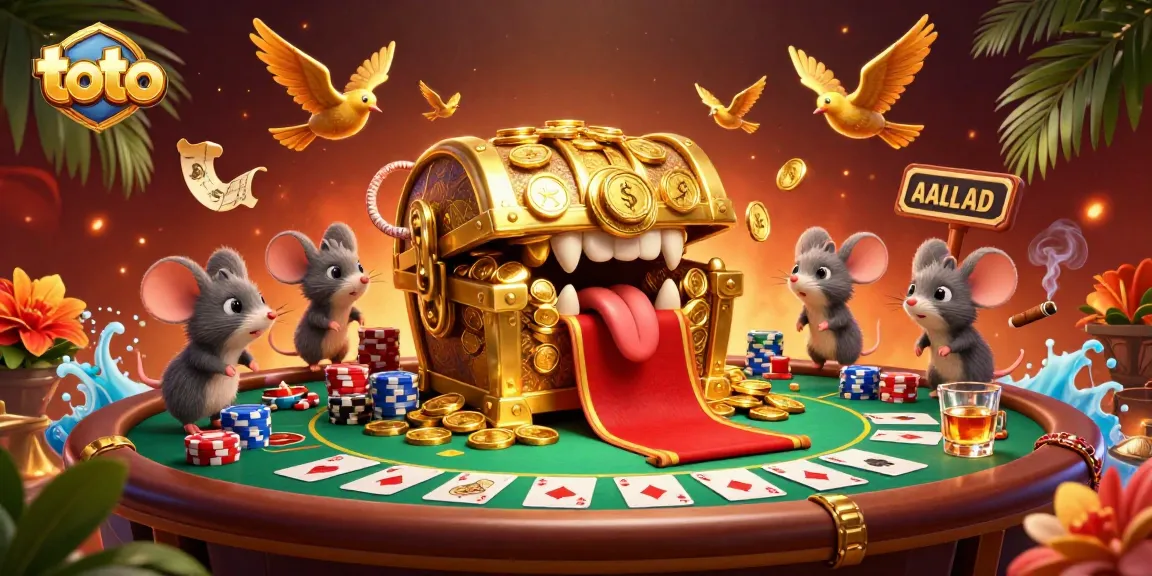 Experience thrilling toto excitement with a treasure chest luring adventurer mice amidst vibrant casino elements.