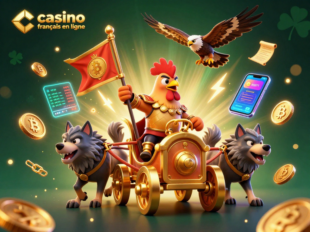 Illustration 3D dynamique avec un coq guerrier et des éléments de casino francais en ligne