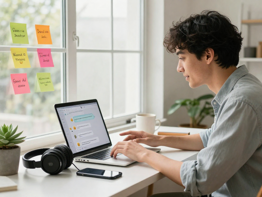 Lively home office scene showing spicy chat ai on a laptop with colorful dialogue bubbles.