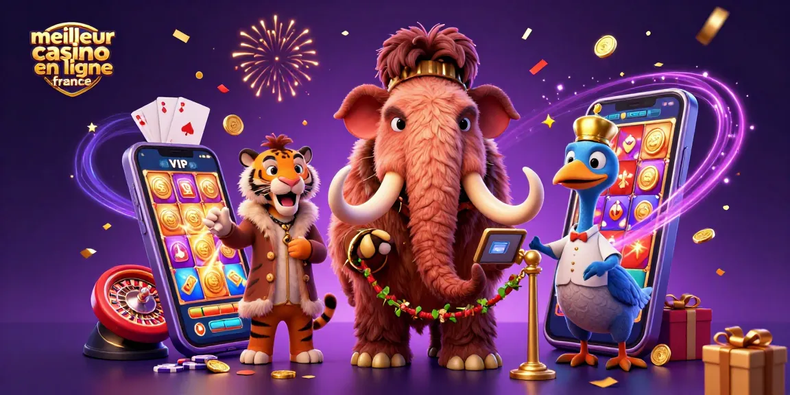 Gagnants au meilleur casino en ligne France avec un mammouth et un tigre, entourés de jeux captivants.