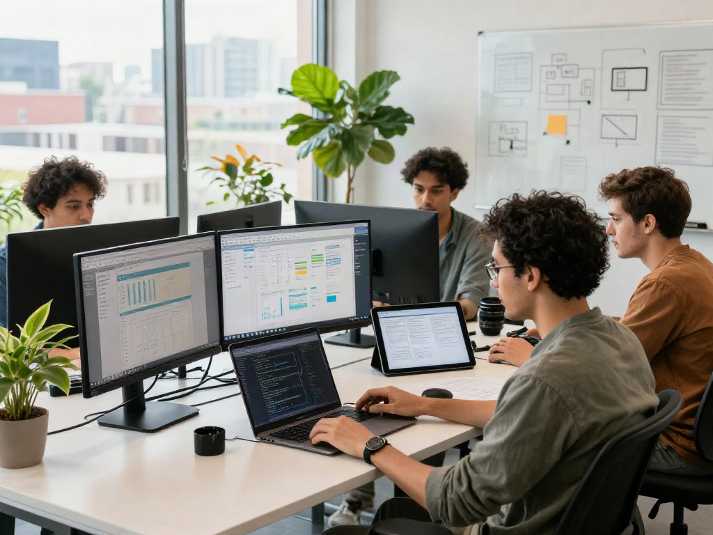 Developers collaborating in a modern tech workspace showcasing strategies to crush on ai technology.