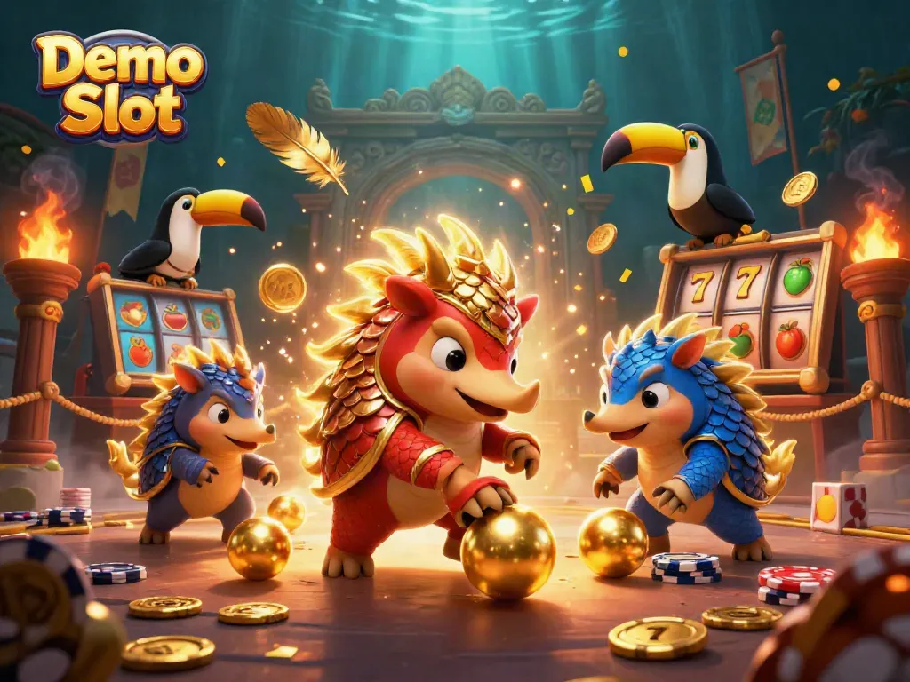 Engage with Demo Slot adventures as pangolins compete amidst glittering casino elements.