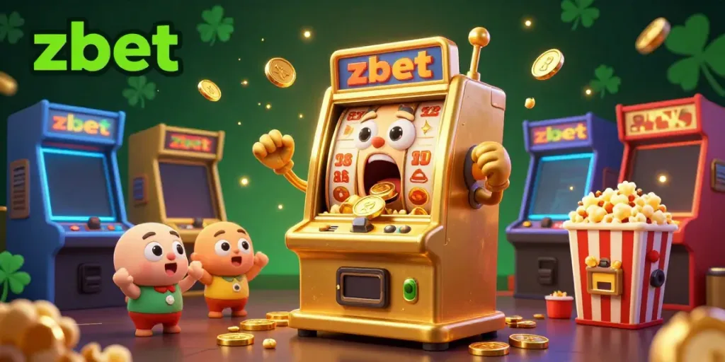 Feel the excitement at zbet as coins cascade from a surprised golden slot machine celebrating a jackpot.