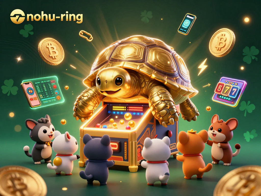 Experience jackpot thrills with nohu-ring, featuring a golden tortoise pinball machine and vibrant crypto elements.