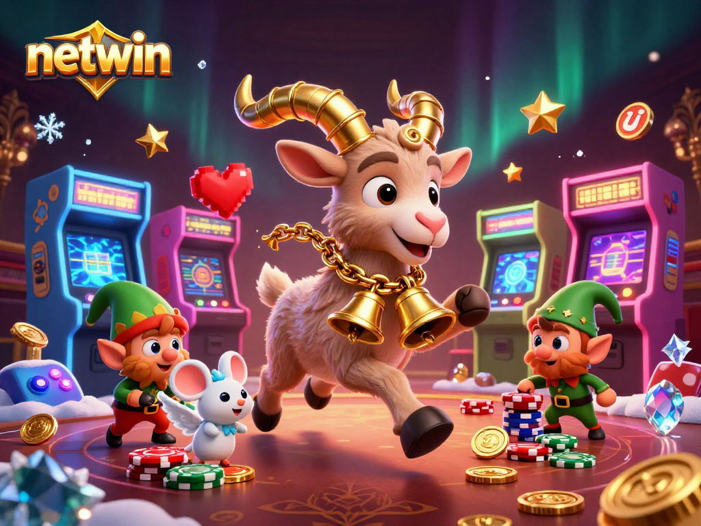 Experience netwin with a lively 3D illustration featuring a casino scene full of animated characters and gaming elements.