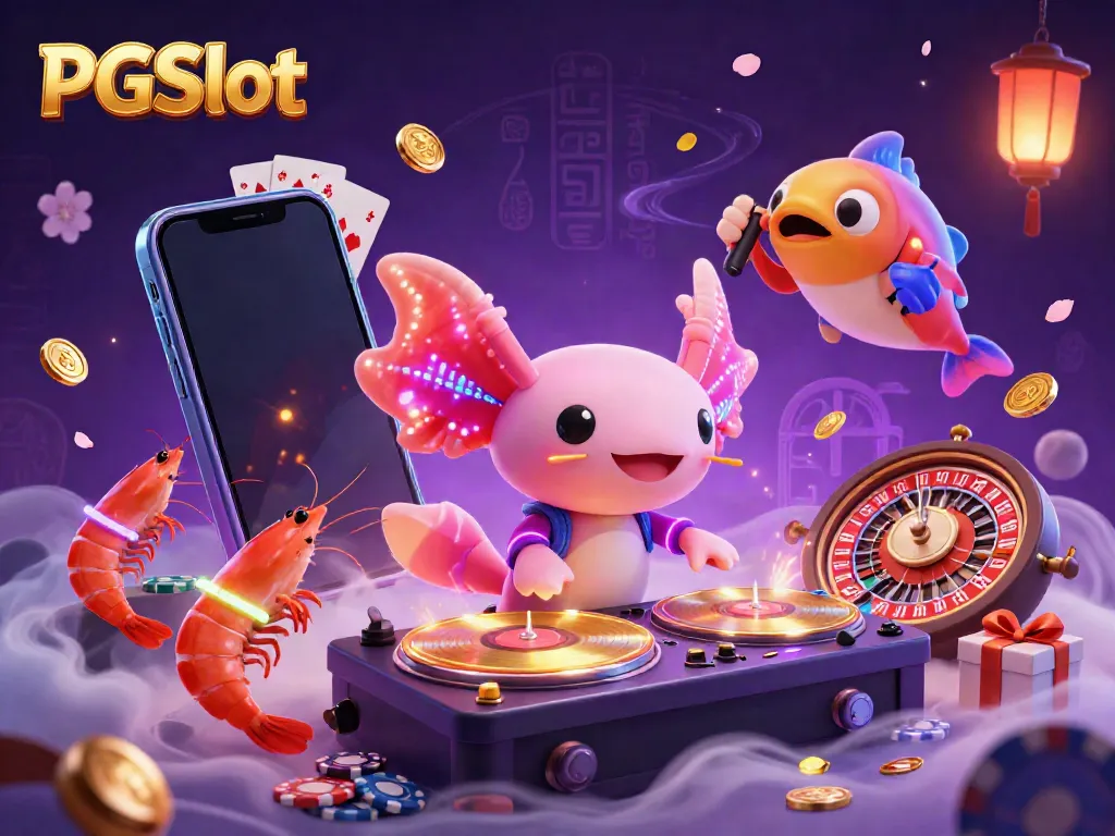 Experience a vibrant PGSlot party scene featuring a neon axolotl DJ surrounded by dancing shrimp and gaming elements.