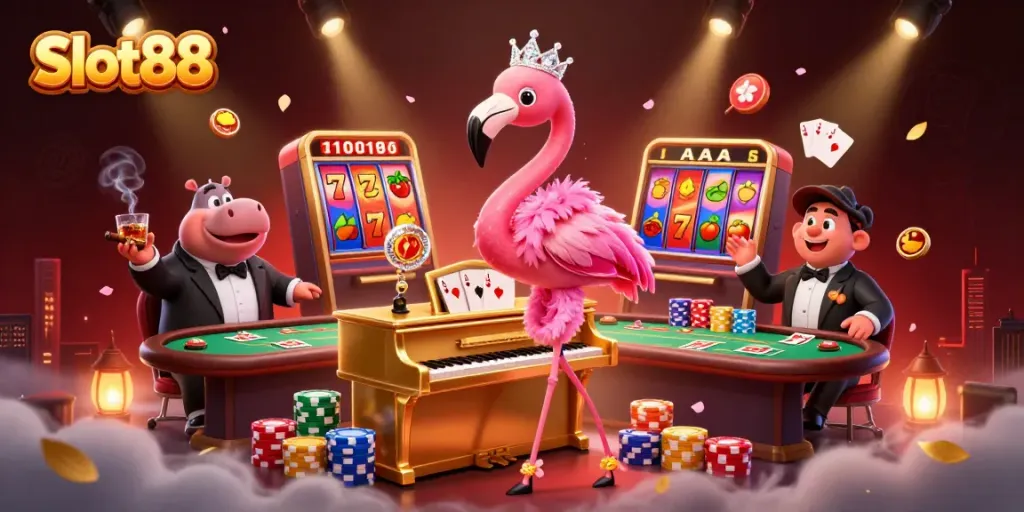 Slot88 menampilkan penyanyi flamingo dan musisi hippo di latar belakang kasino, penuh dengan elemen slot.