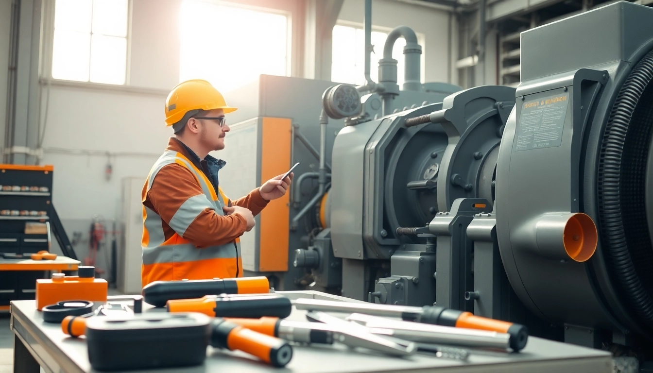 Delivering expert equipment service with a technician inspecting large machinery in a workshop.