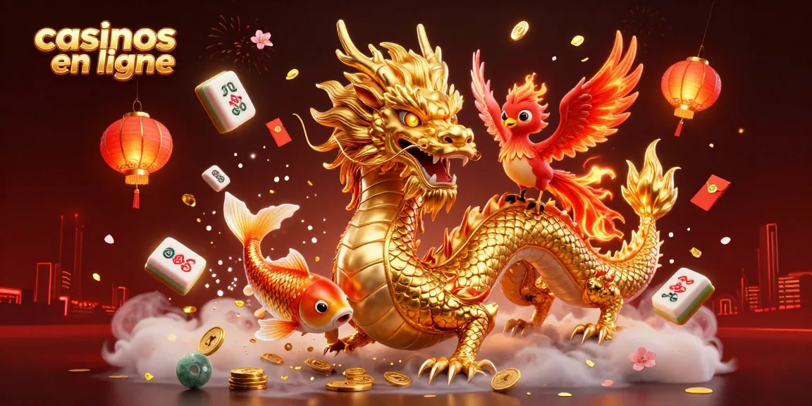 Illustration dynamique illustrant les casinos en ligne avec un dragon chinois et une carpe chanceuse.