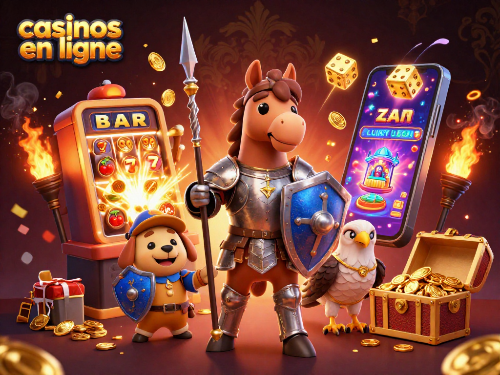 Une scène dynamique mettant en avant des casinos en ligne avec des personnages médiévaux et des éléments de jeu colorés.