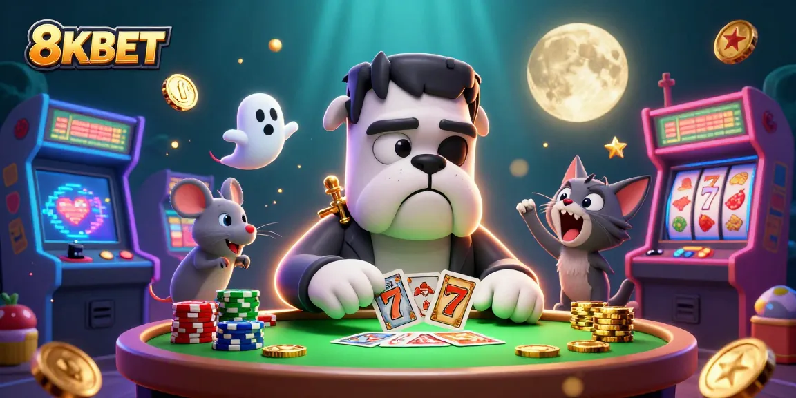Engage with thrilling gameplay featuring vibrant 8KBET casino characters like a Frankenstein bulldog and ghost mouse.