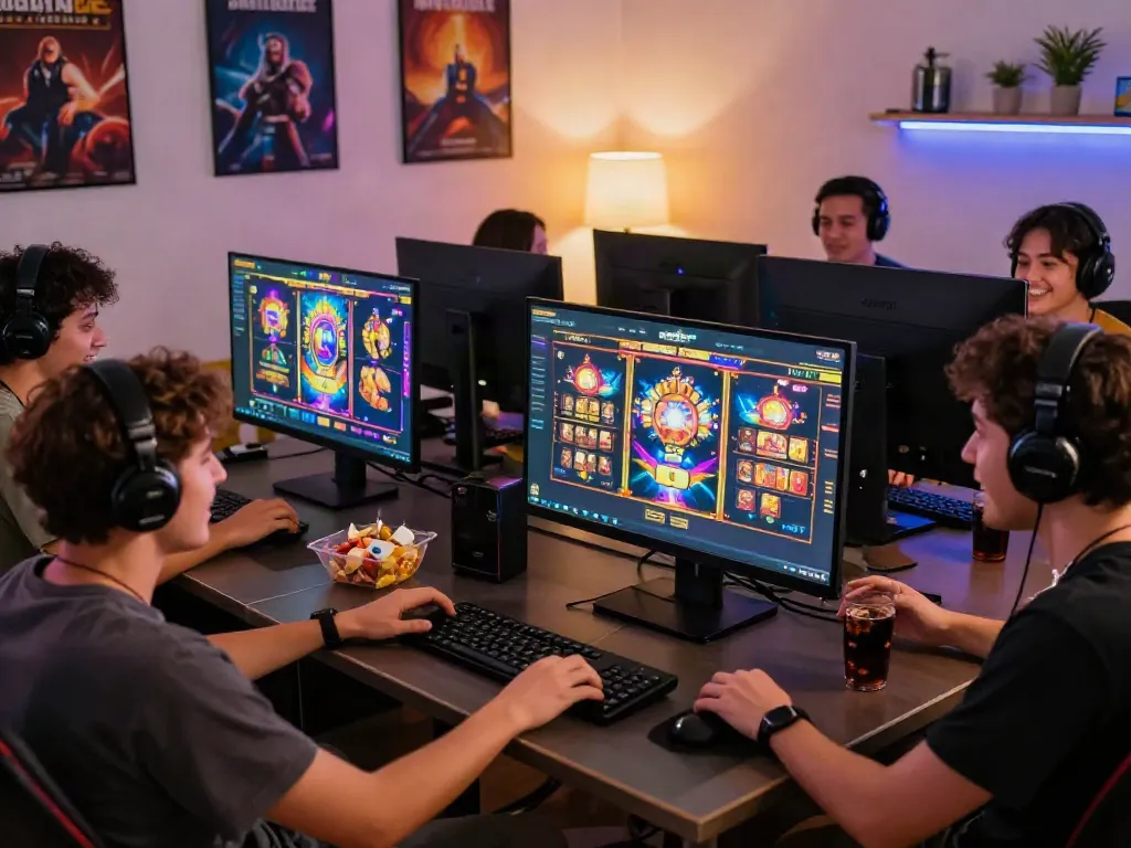Exciting online gaming scene featuring players enjoying สล็อตเว็บตรง slot games at home.