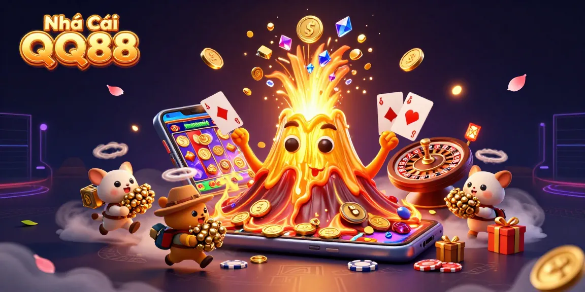 Experience thrilling wins at Nhà Cái QQ88 with a vibrant 3D casino illustration showcasing a golden volcanic eruption of treasures.