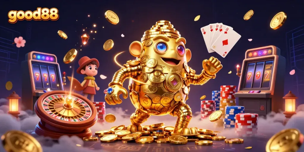 Experience the excitement of good88 with vibrant casino elements and a magical golden golem.