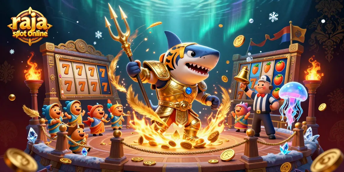 Experience raja slot online excitement in this lively underwater colosseum scene with a golden gladiator shark.