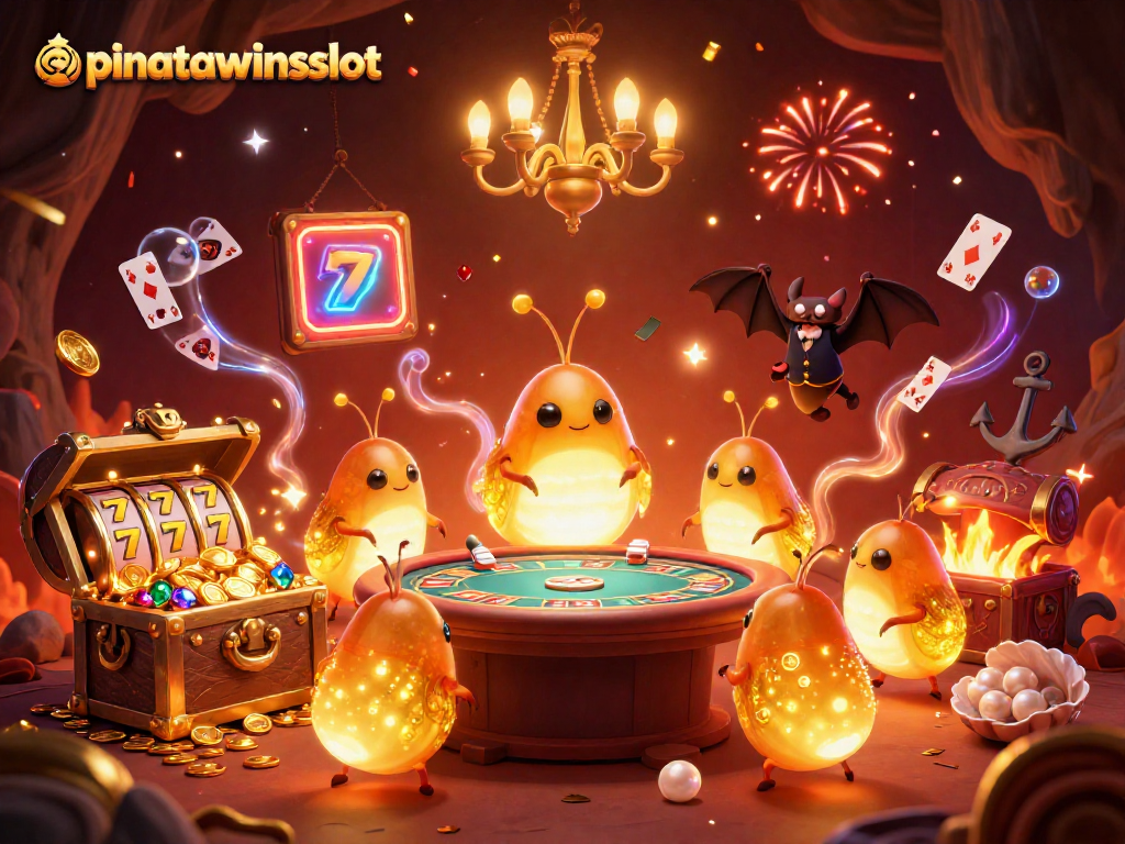 Engage in thrilling gameplay with pinatawinsslot as colorful glowworms light a casino adorned with exciting slot elements.