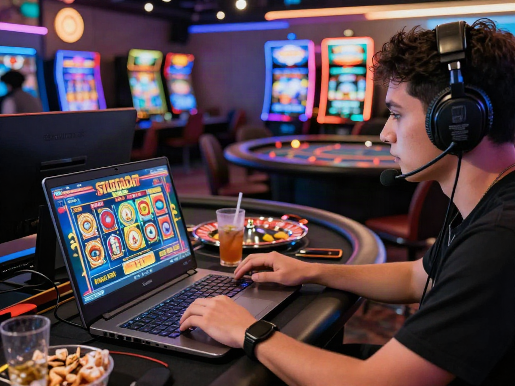 Player immersed in Slot Gacor MAHJONGJP88 gaming experience with vibrant casino elements.