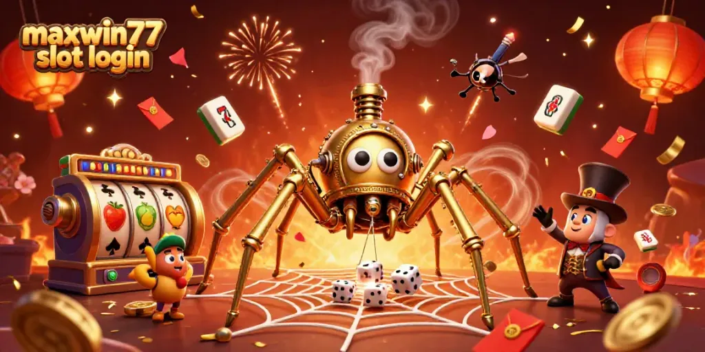 Engage with the dynamic maxwin77 slot login scene featuring a steampunk spider and vibrant symbols.