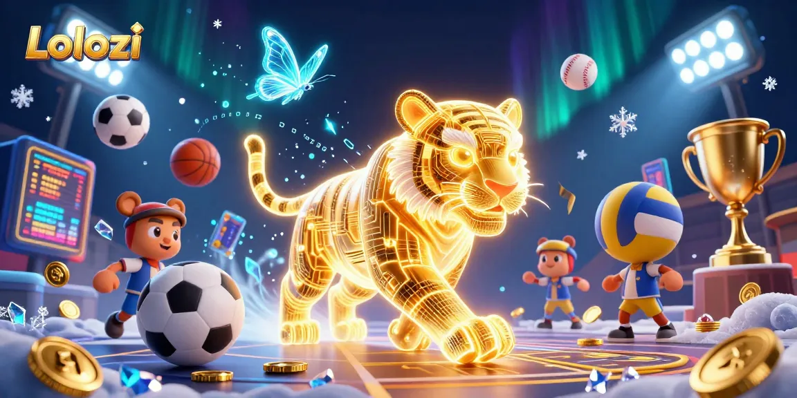 Lolozi showcases a vibrant 3D casino scene with a glowing tiger and sports elements in action.