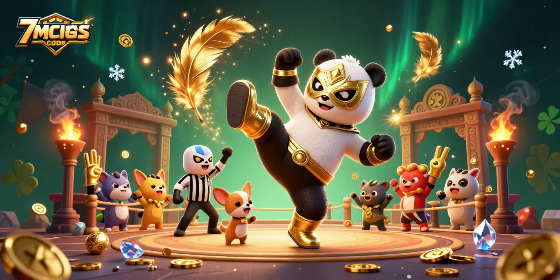 Experience the excitement of 7mcnscore with a dynamic wrestling panda illustration in a casino setting.