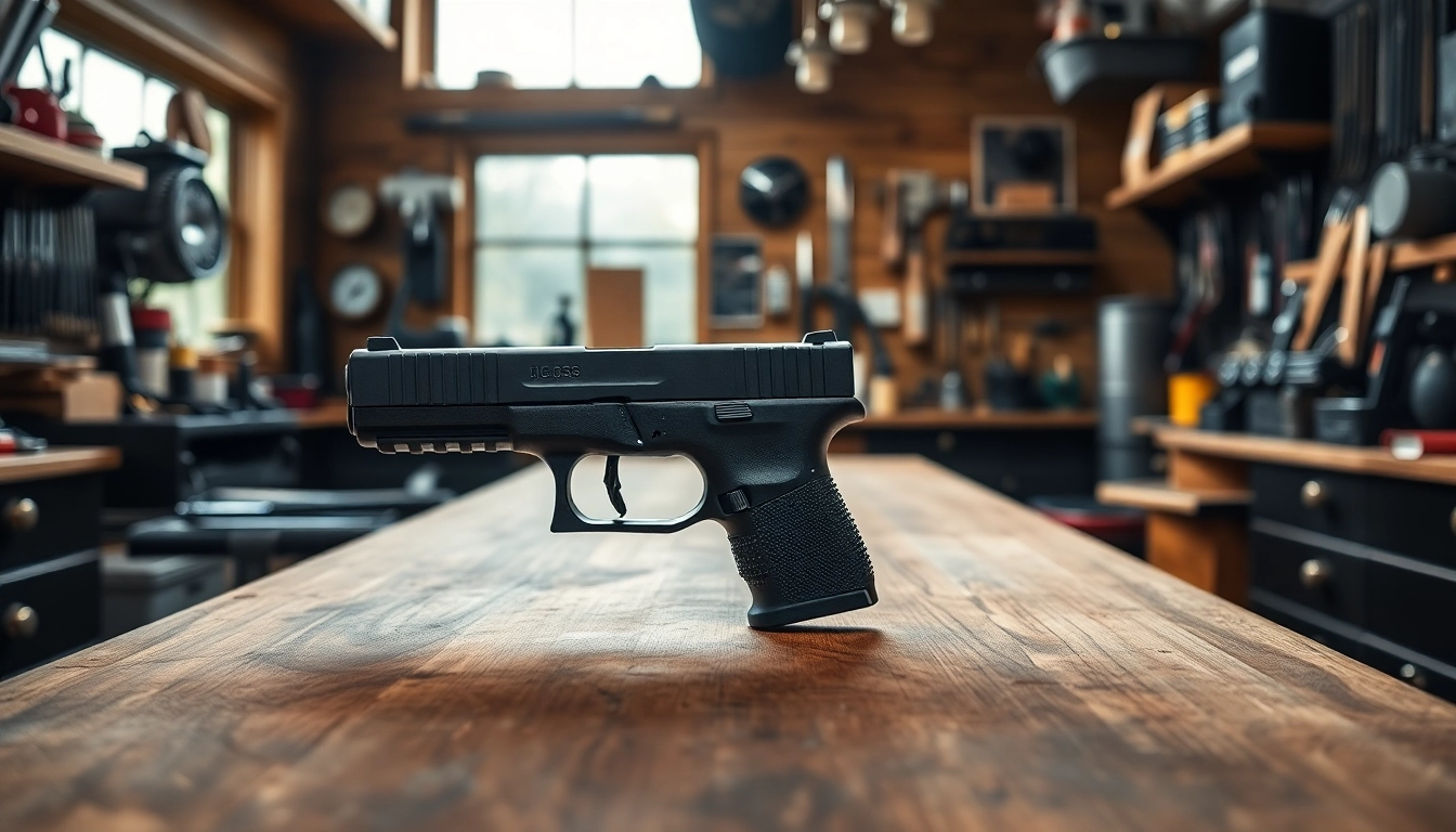 Showcasing a glock 19 slide in a professional gunsmith shop.