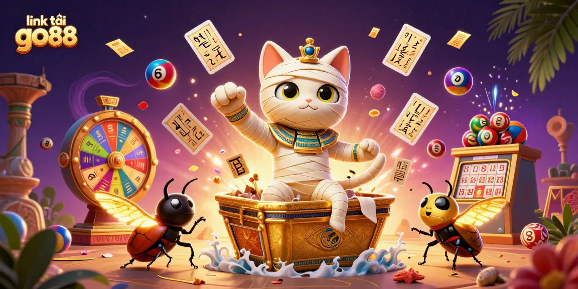 Play exciting games at link tải go88 with a vibrant 3D scene of a mummy cat and golden tickets!